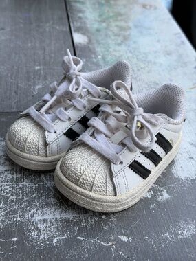 adidas White and Black Kids Sneakers - Classic Shell Toe Style